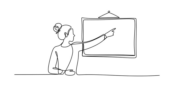 Woman pointing at a blank board in a continuous line drawing style