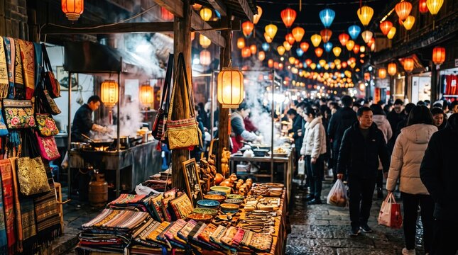 Crowded traditional night market with hanging paper lanterns and handmade crafts
