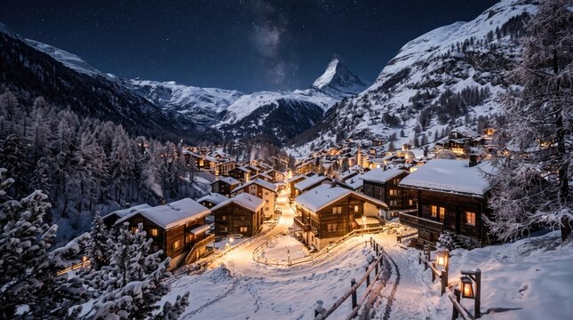 Alpine mountain village covered in snow at night with a starry sky and illuminated houses