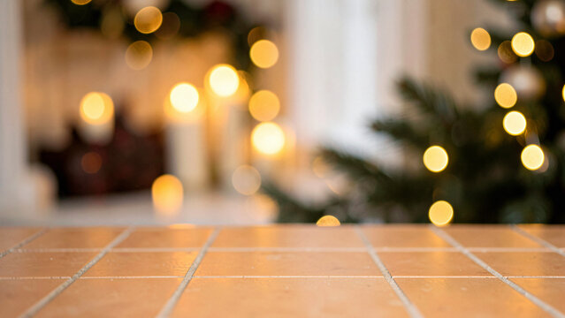 Mediterranean Warm Terracotta Tiled Surface Complete with Holiday Tree Bokeh