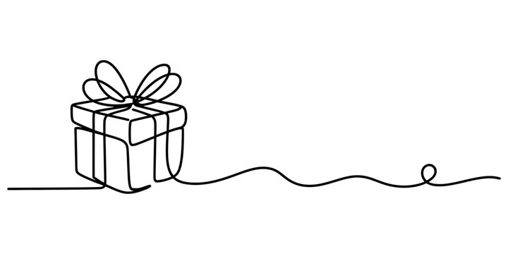 Continuous single line drawing of a gift box with a bow