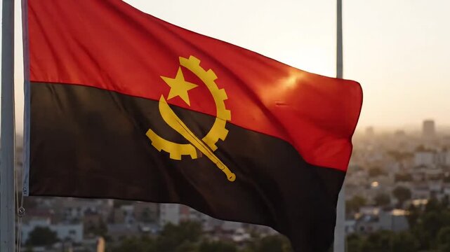 Angola flag waving on flagpole against city sunset background