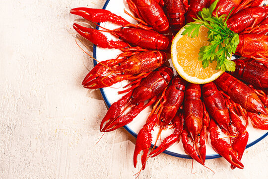 Crawfish served on a white plate with a slice of lemon in the center and garnished with parsley