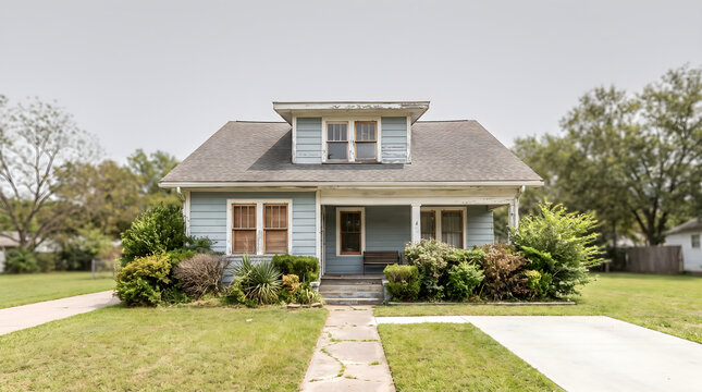 A fixer upper house with blue siding and overgrown yard representing real estate investment and renovation potential