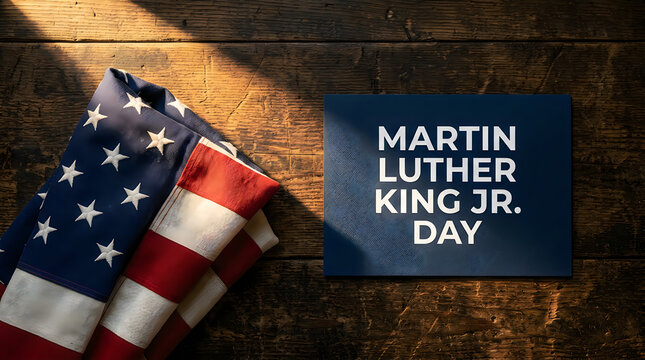 Martin luther king jr day text with american flag on a dark rustic wooden background surface