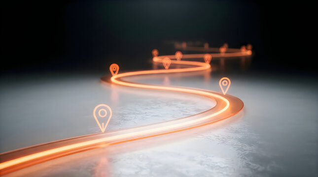 A glowing orange path winding through a dark, reflective space with multiple location markers indicating waypoints along the route