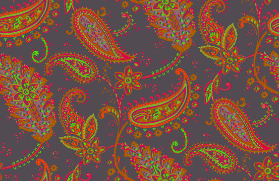 Seamless repeating pattern with paisley motifs placed at different angles, balanced by smaller floral elements and filler