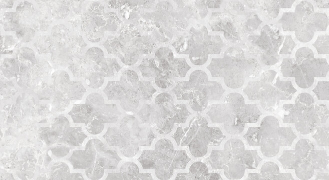 seamless flat grey marble texture background featuring a white geometric Moroccan trellis pattern.