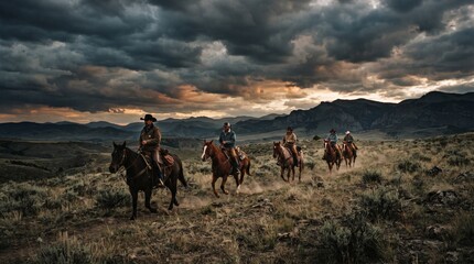 Fototapeta premium Group riding horses across rural landscape under dramatic overcast sky