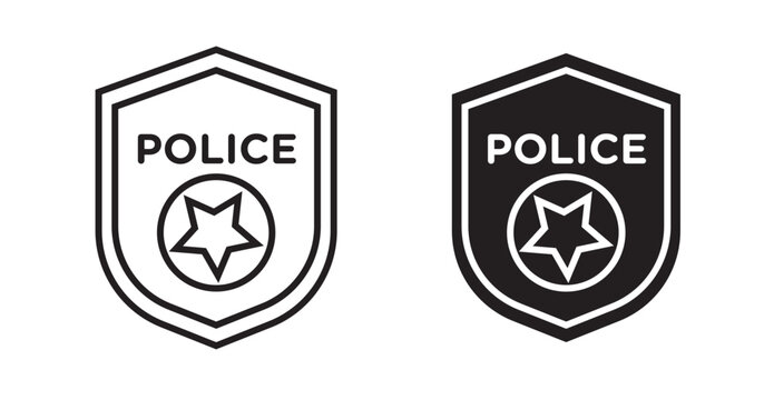 Police officer badge icons in fill and stroke style on white background