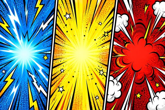 Vibrant comic book style action background panels with explosive energy effects and halftone dots