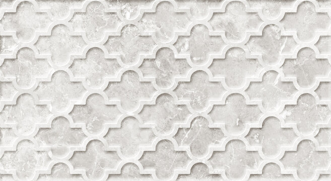 seamless light grey marble background featuring a 3D embossed geometric Moroccan trellis pattern.
