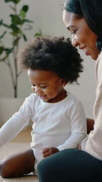 Vertical video: Reaching toddler smiling after mom coaxing, mom helping on home rug with sweater