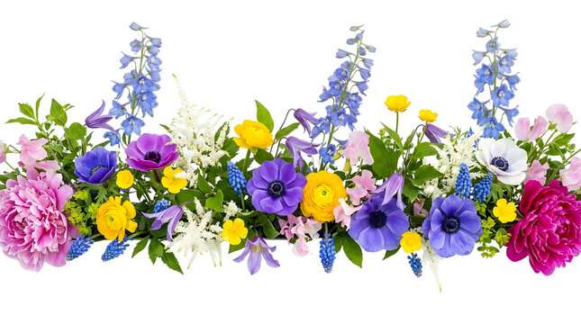Garden flowers floral border arrangement isolated on black background, horizontal bloom garland featuring pink peonies, purple anemones, yellow ranunculus, blue delphinium, and white astilbe