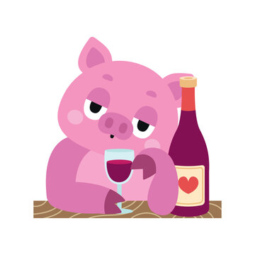Cute sad pig drinking red wine isolated on white background. Funny piggy cartoon character with wine glass and bottle for heartbreak, solitude, alcohol, bad date, and humor design