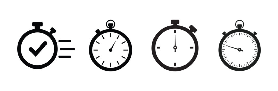 A comprehensive collection of black and white stopwatch icons depicting time speed efficiency and the