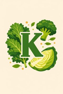 Green letter k with kale broccoli and cabbage vegetables illustration for healthy food background and banner design