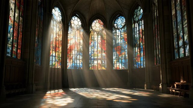 Light shining through stained glass windows in a religious space at a specific time of day