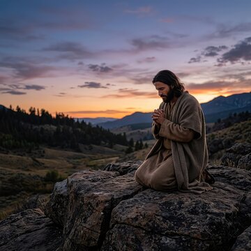 A peaceful and atmospheric stock photograph capturing Jesus praying fervently while kneeling upon a large, rugged natural stone at twilight, sacred, garden of gethsemane, serene
