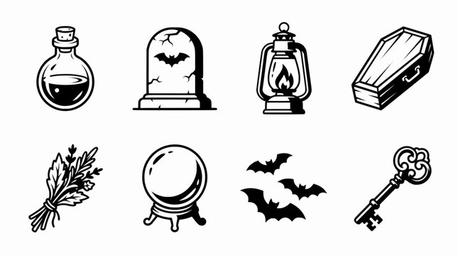 Spooky Halloween line art icon set featuring gothic elements like a coffin, crystal ball, tombstone, and magic potion bottle