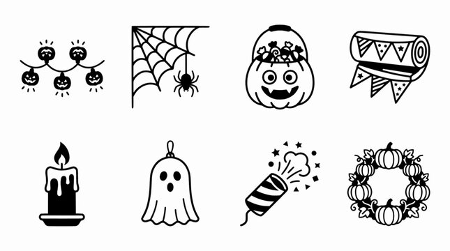 Hand Drawn Halloween Doodle Icon Set with Spooky Pumpkins Ghosts and Autumn Decorations for Holiday Designs