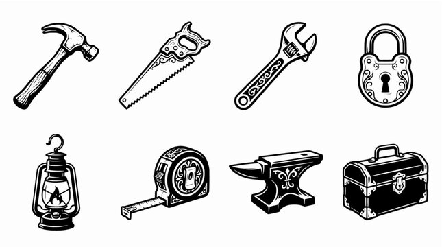 Hand-drawn Industrial Tool Icon Set for Maintenance, Technical Repair, and Engineering Services