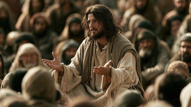 Jesus Christ teaches a large crowd in a historical setting