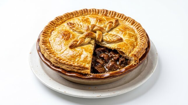 A rustic, deep-dish steak and kidney pie with golden flaky pastry and rich dark gravy filling, isolated on a white studio background, flaky, pie, dish