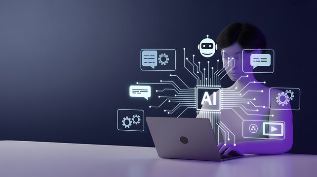 Prompt Engineering and AI Content Generation Concept. Person using laptop with prompt, AI, media, chatbot, and automation icons representing content creation, smart generation, and digital workflow