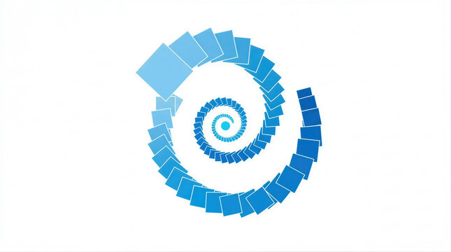 Blue spiral made of geometric squares on white background. Abstract spiral pattern with gradient squares creating vortex motion.