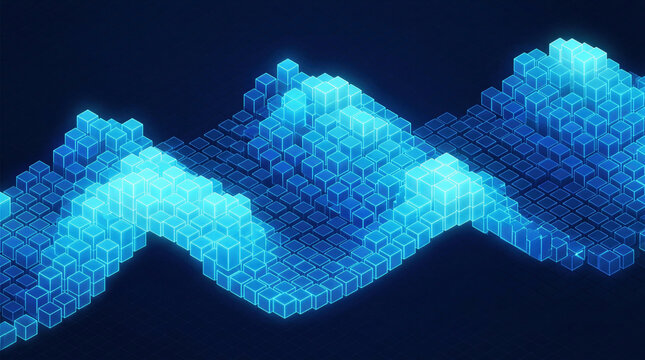 Glowing blue isometric cubes form an abstract landscape pattern. The geometric shapes create a digital wave-like structure.