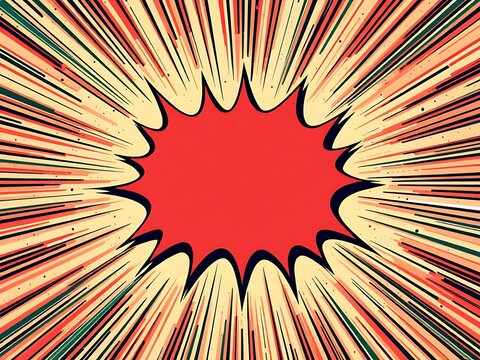 Vibrant comic book style explosive background with red central speech bubble and radial action lines