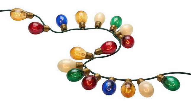 String of colorful vintage christmas light bulbs isolated on transparent background