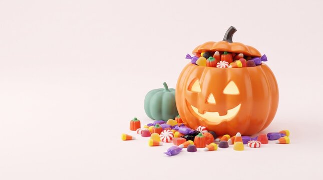 Festive halloween pumpkin overflowing with colorful candy and treats on a white background