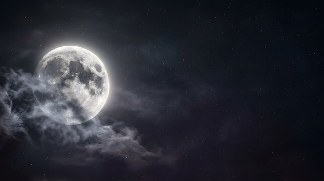 Dramatic full moon peeking through dark storm clouds at night creating a mysterious and atmospheric scene
