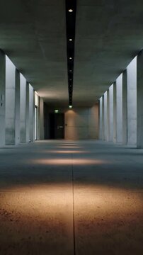 Vertical video: Starting camera moving along concrete corridor revealing warm floor light patches