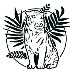 Obraz premium Tiger sitting with plants stroke