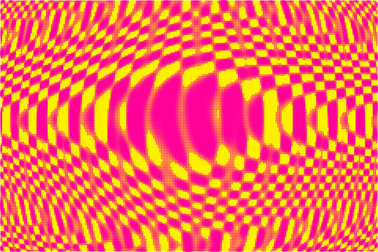 Vibrant pink and yellow halftone pattern with distorted checkered optical illusion effect