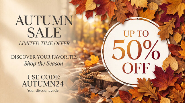 Vibrant autumn leaves showcase a seasonal sale with a 50% discount, symbolizing change, harvest, and savings, ideal for promotional material