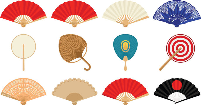 Traditional Hand Fan Vector Collection Featuring Asian Spanish Folding Fans Bamboo Uchiwa and Decorative Handheld Accents for Cultural and Summer Lifestyle Graphic Designs