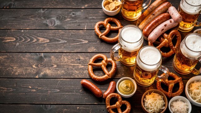 overhead flat lay of assorted oktoberfest food and beer steins on rustic wood for festive advertising promotion