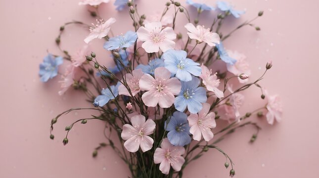 A beautiful bouquet of delicate pink and light blue flax flowers on a soft pastel pink background