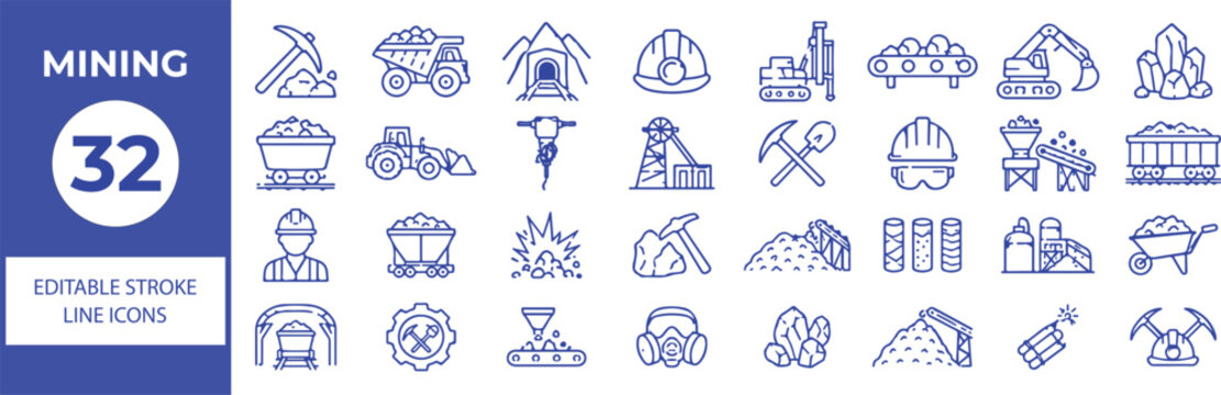 32 Mining Vector Outline Icons Set,Excavator, Dump Truck, Drill, Hard Hat, Mining Cart, Coal, Quarry and Underground Mining Line Symbols Collection