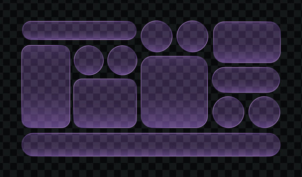 Purple Glassmorphism UI Frames Set, Translucent Frosted Glass Buttons, Banners, and Modern App Interface Elements on Transparent Background.