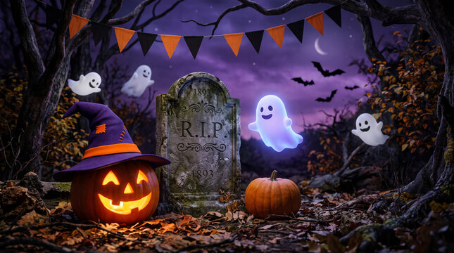 Halloween scene with a jack-o'-lantern, tombstone, ghosts, and bats, symbolizing holiday celebration and spooky atmosphere.
