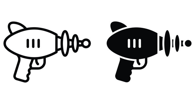 Retro space ray gun blaster icon set in outline and solid silhouette styles for science fiction and gaming design