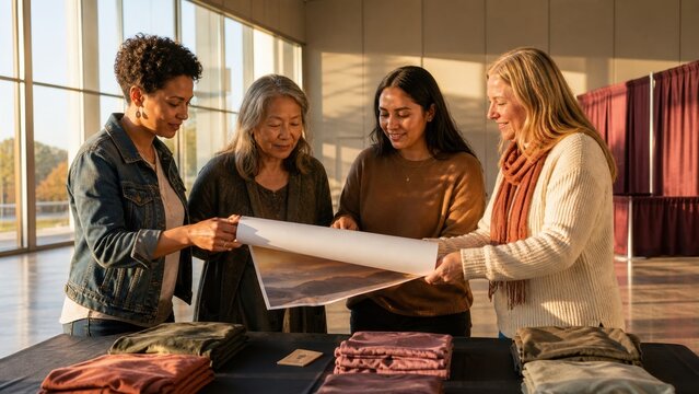 Group of women unrolling a poster at a convention hall