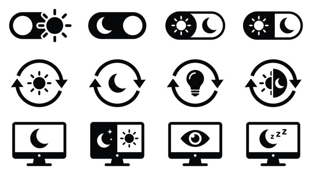 Day and night mode icon set with dark, light, brightness and contrast control symbols for UI and app vector design. 