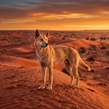 Wild Dingo Standing Alert on Red Sand Dune at Golden Sunset