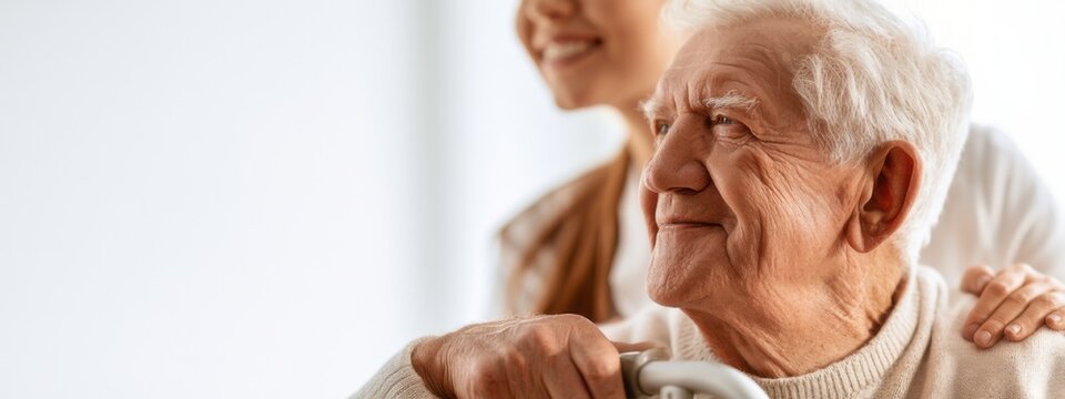 Elderly man smiles while receiving support from a younger woman at home during a bright afternoon